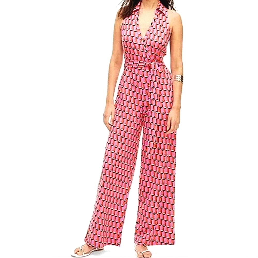 Diane von furstenberg jumpsuit pink with waist tie size XL